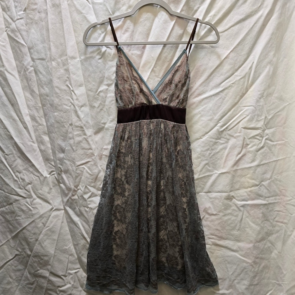Vintage Y2K Lace Midi A-Line Dress Brown Ribbon V-Neck Blue Trim Party Large